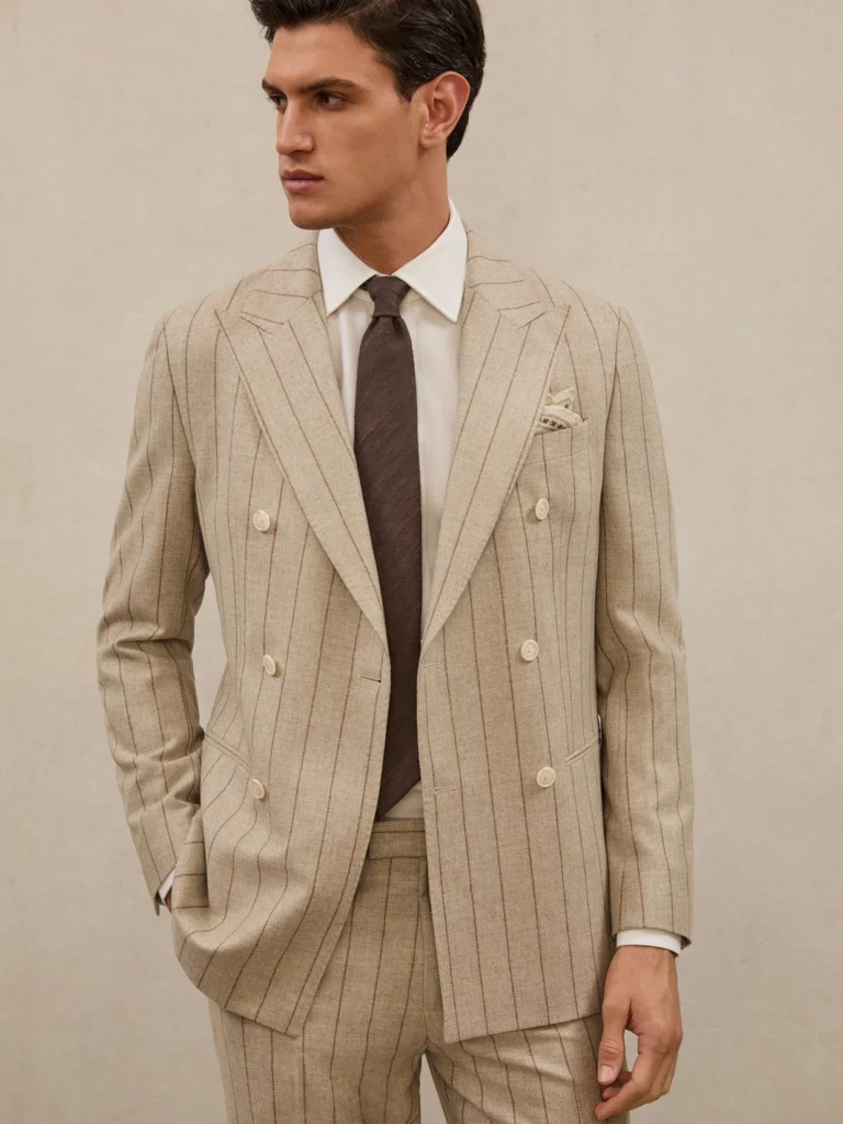 Reiss Oatmeal Brown Atelier Pinstripe Double-breasted Blazer Wool Slim-fit