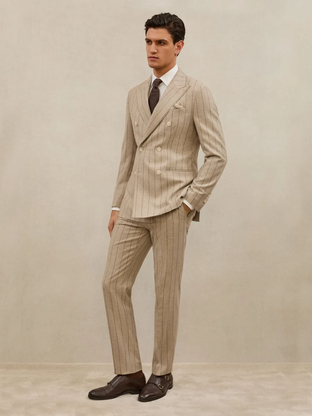 Reiss Oatmeal Brown Atelier Pinstripe Double-breasted Blazer Wool Slim-fit, view 3