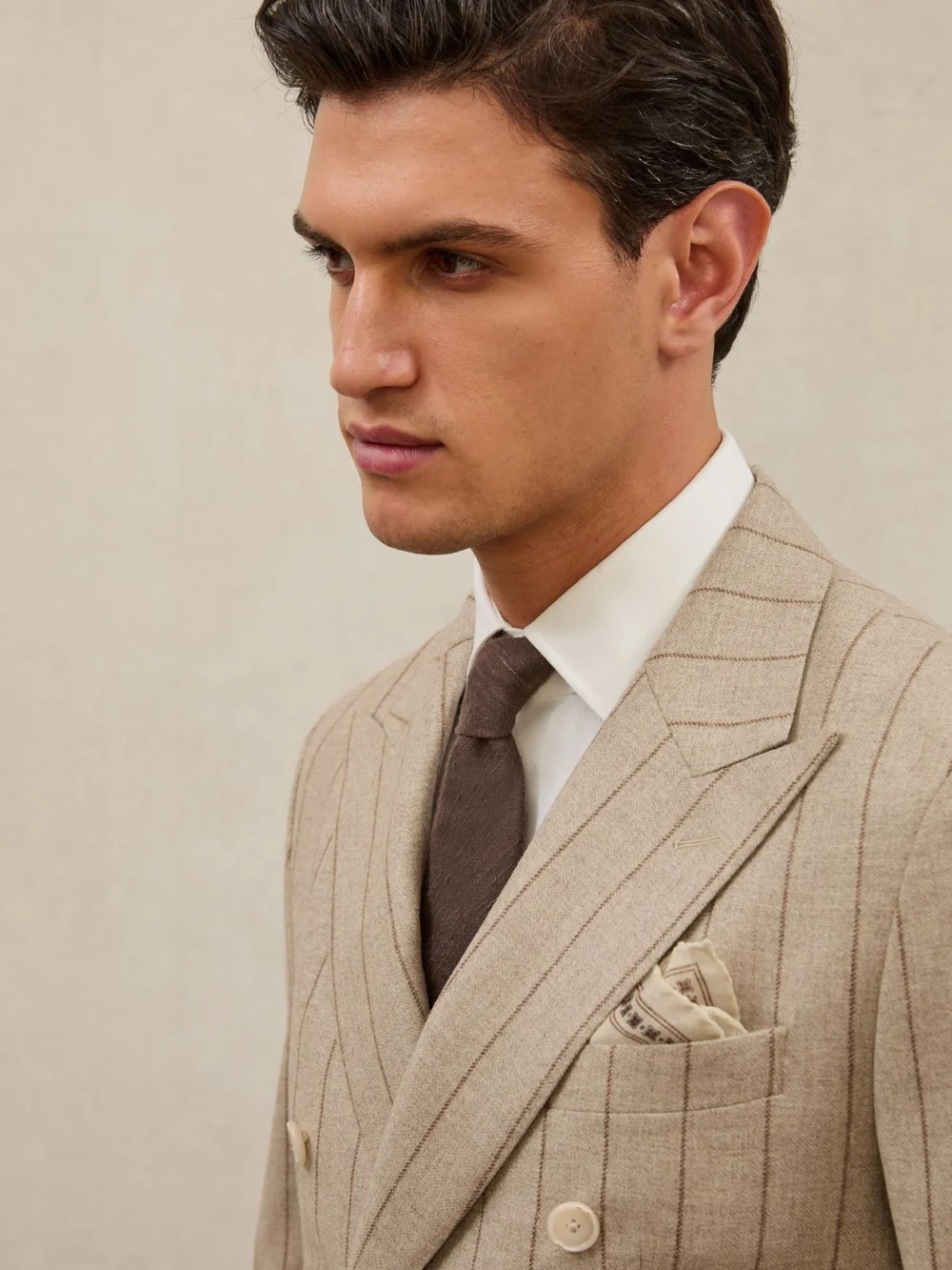 Reiss Oatmeal Brown Atelier Pinstripe Double-breasted Blazer Wool Slim-fit, view 4
