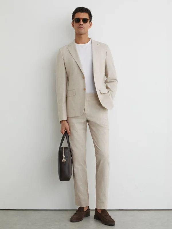 Reiss Oatmeal Brown Linen-cotton Check Tailored-fit Trousers