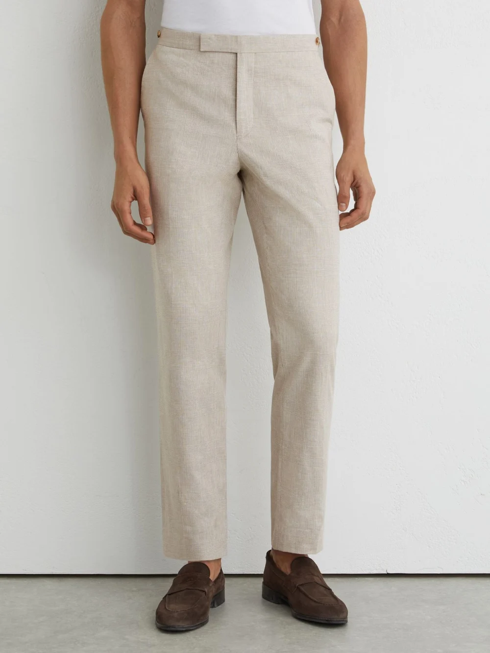 Reiss Oatmeal Brown Linen-cotton Check Tailored-fit Trousers, view 3