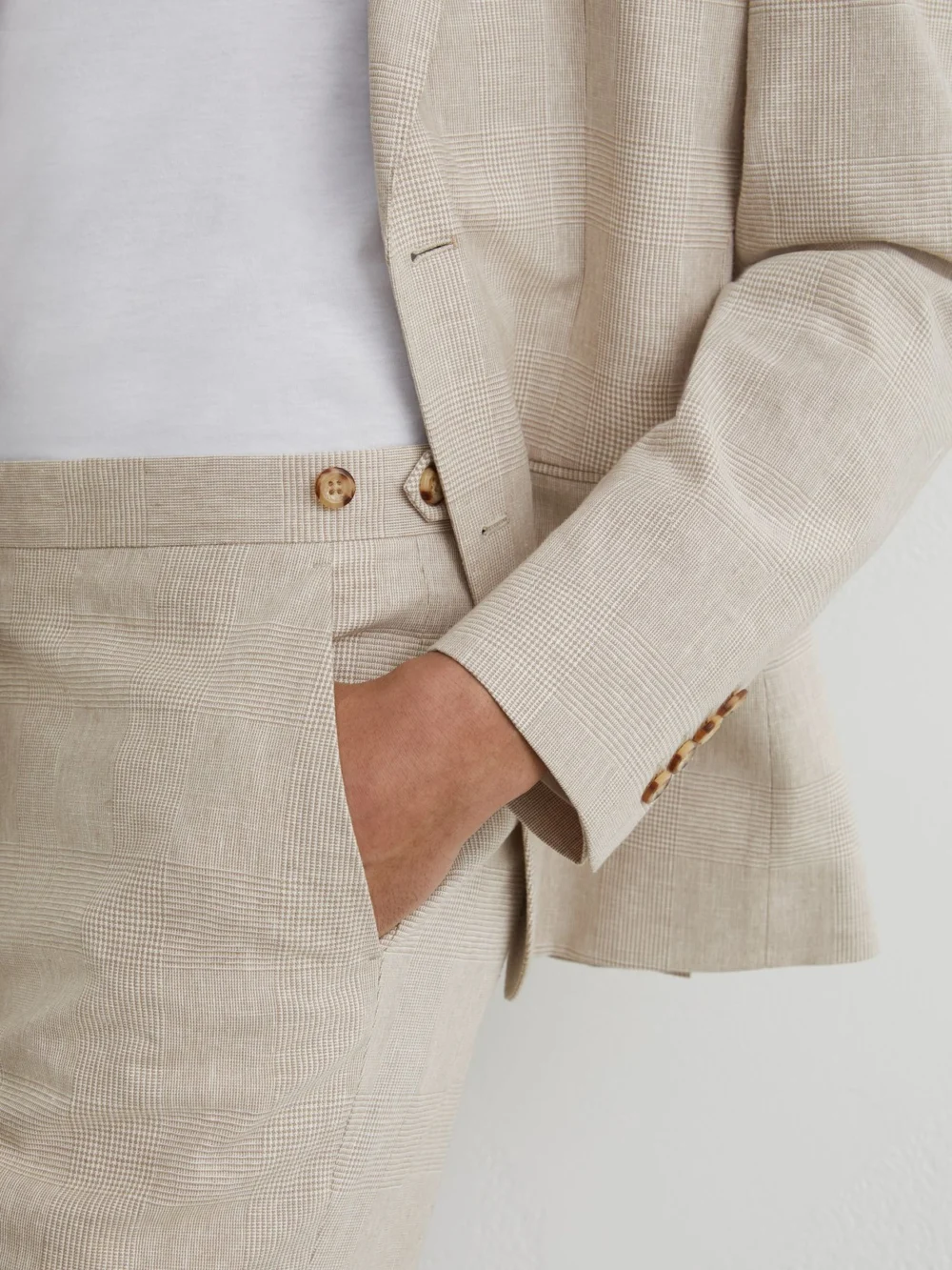 Reiss Oatmeal Brown Linen-cotton Check Tailored-fit Trousers, view 4