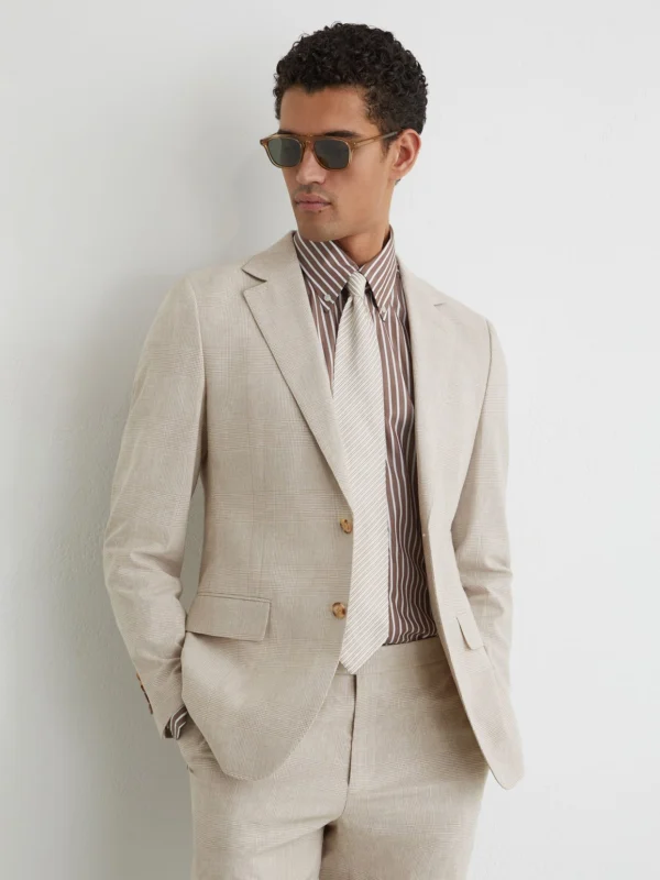 Reiss Oatmeal Brown Linen-cotton Single-breasted Check Blazer Tailored-fit