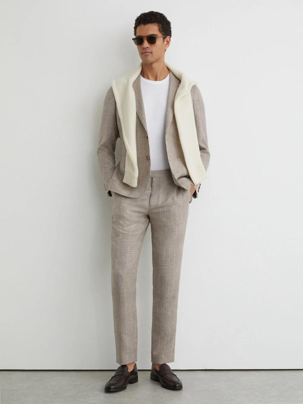Reiss Oatmeal Brown Tailored Fit Linen-wool Check Suit Trousers