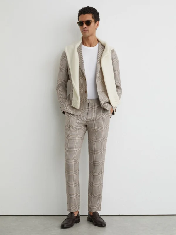 Reiss Oatmeal Brown Tailored Fit Linen-wool Check Suit Trousers