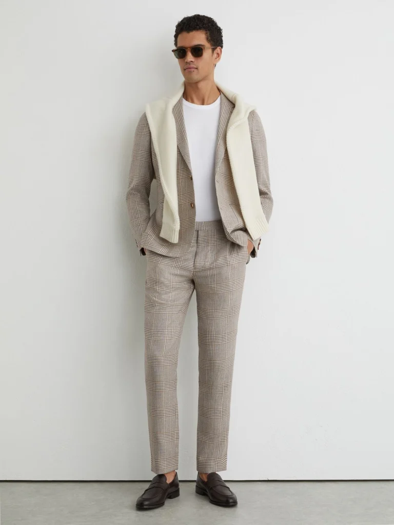 Reiss Oatmeal Brown Tailored Fit Linen-wool Check Suit Trousers