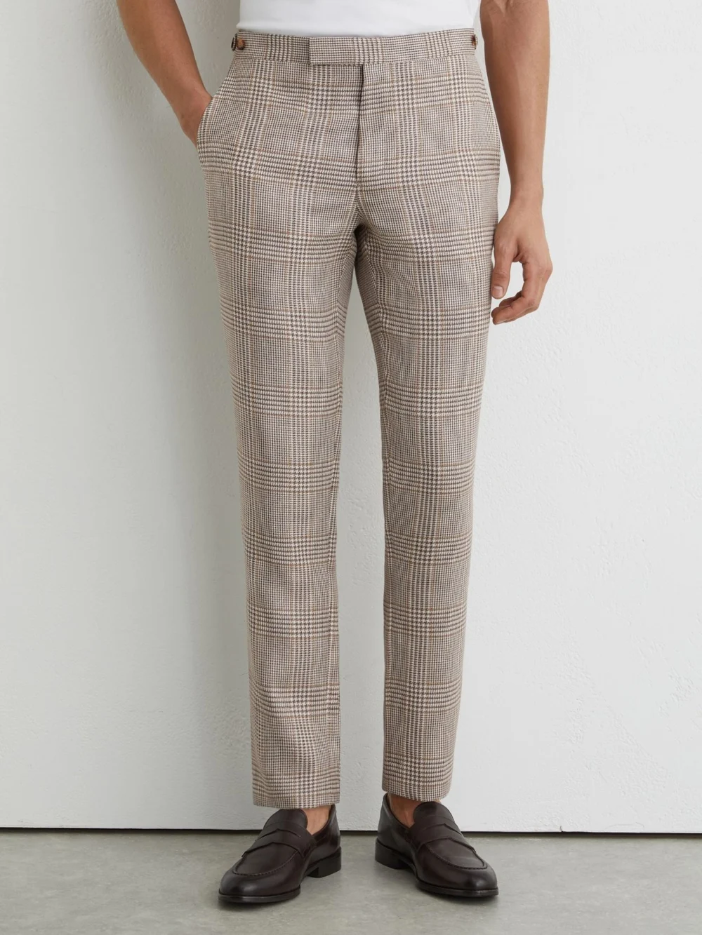 Reiss Oatmeal Brown Tailored Fit Linen-wool Check Suit Trousers, view 3