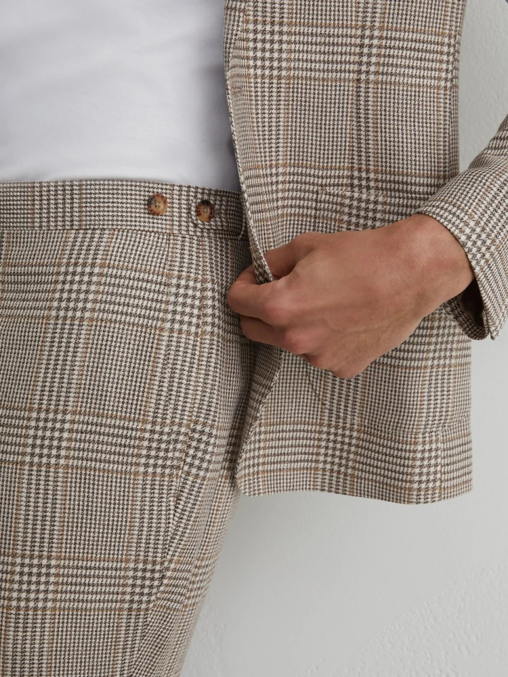 Reiss Oatmeal Brown Tailored Fit Linen-wool Check Suit Trousers, view 4