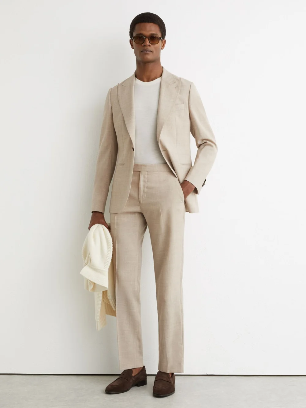 Reiss Oatmeal Brown Tailored Fit Virgin Wool Textured Tailored-fit Trousers