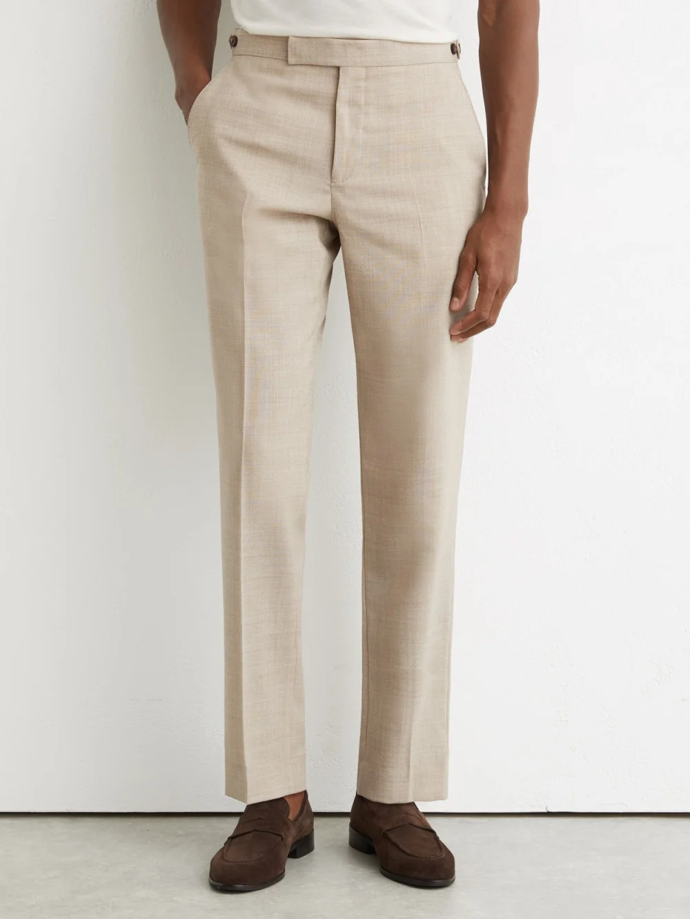 Reiss Oatmeal Brown Tailored Fit Virgin Wool Textured Tailored-fit Trousers, view 3