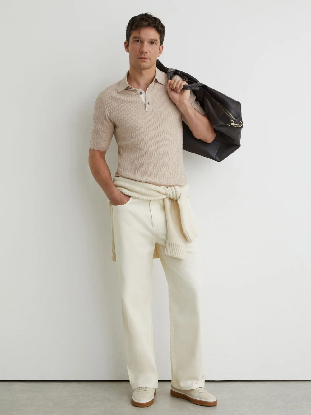Reiss Oatmeal Brown Textured-knit Half-button Polo Shirt