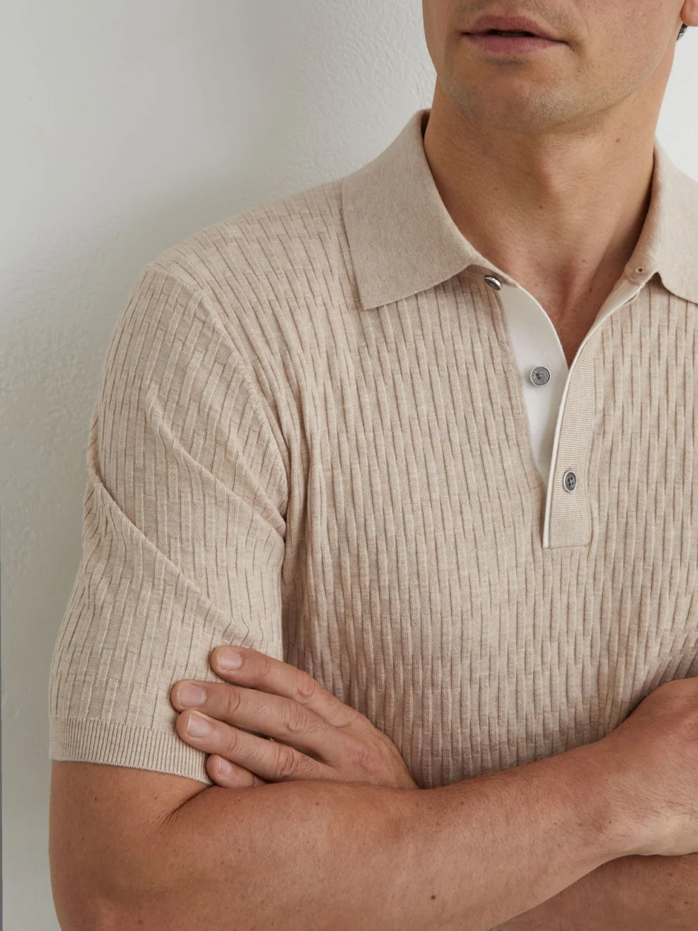 Reiss Oatmeal Brown Textured-knit Half-button Polo Shirt, view 3