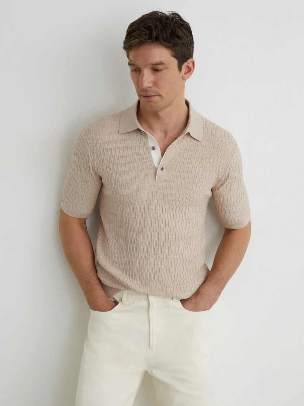 Reiss Oatmeal Brown Textured-knit Half-button Polo Shirt, view 4