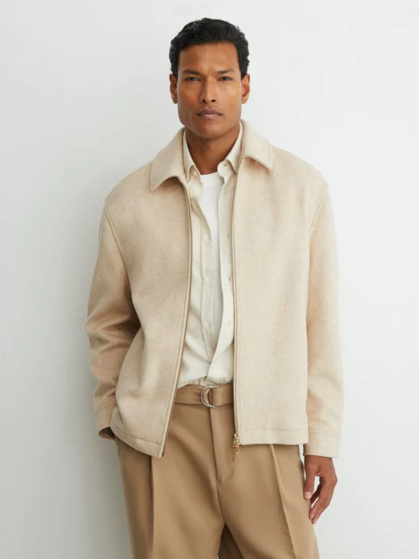 Reiss Oatmeal Brushed Wool-blend Zip-through Overshirt