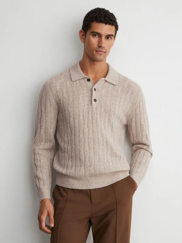 Reiss Oatmeal Cashmere Cable-knit Polo Jumper