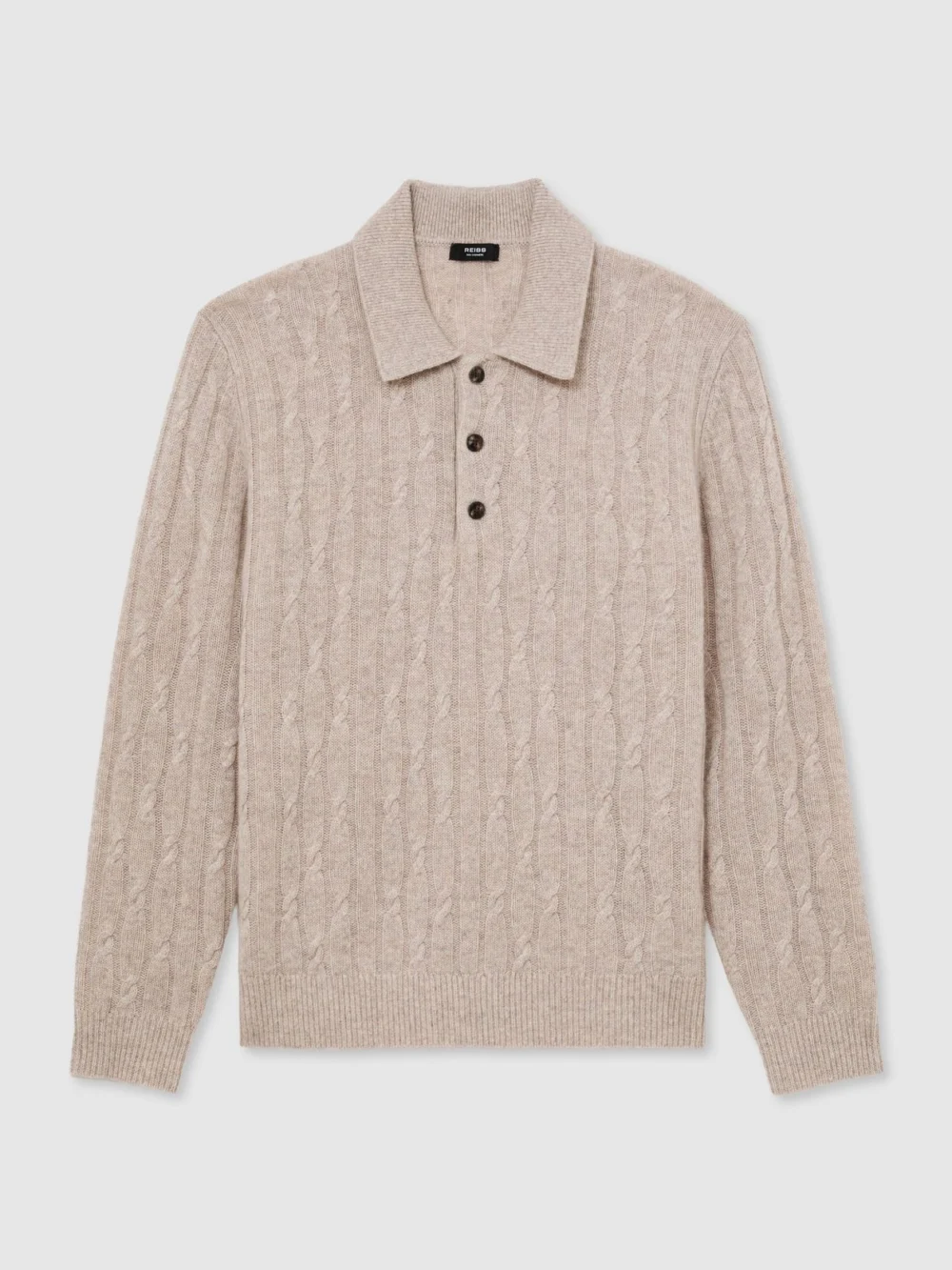 Reiss Oatmeal Cashmere Cable-knit Polo Jumper, view 2