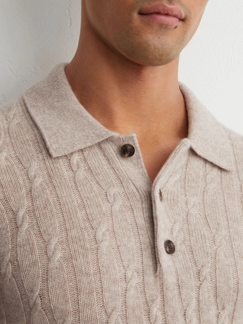 Reiss Oatmeal Cashmere Cable-knit Polo Jumper, view 3