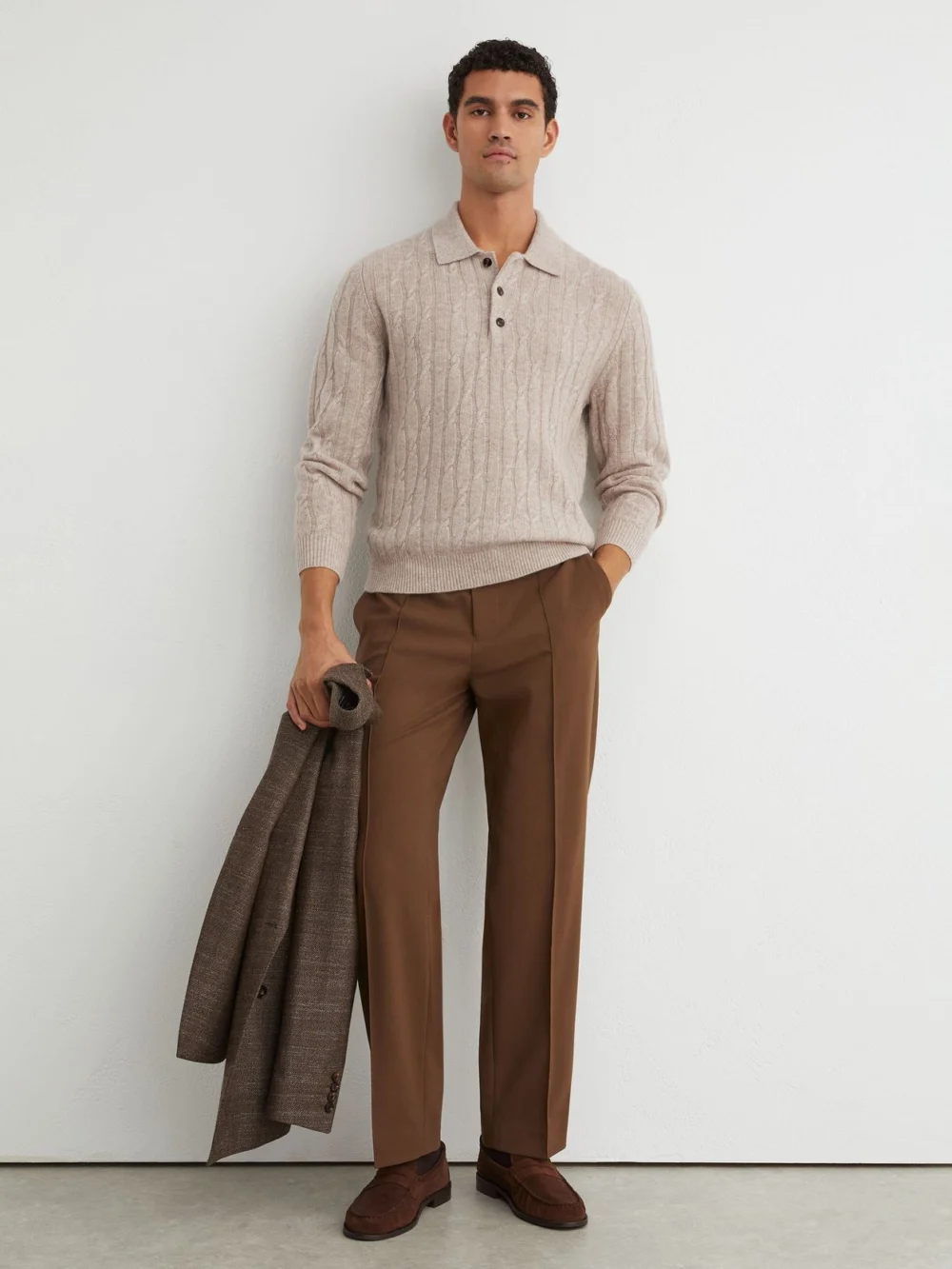 Reiss Oatmeal Cashmere Cable-knit Polo Jumper, view 4