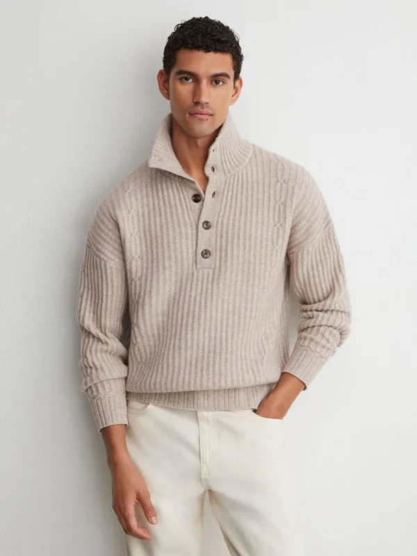 Reiss Oatmeal Cashmere Rib-knit Half-button Jumper