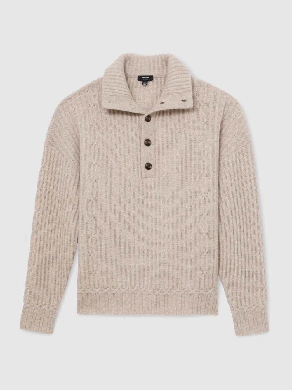 Reiss Oatmeal Cashmere Rib-knit Half-button Jumper, view 2