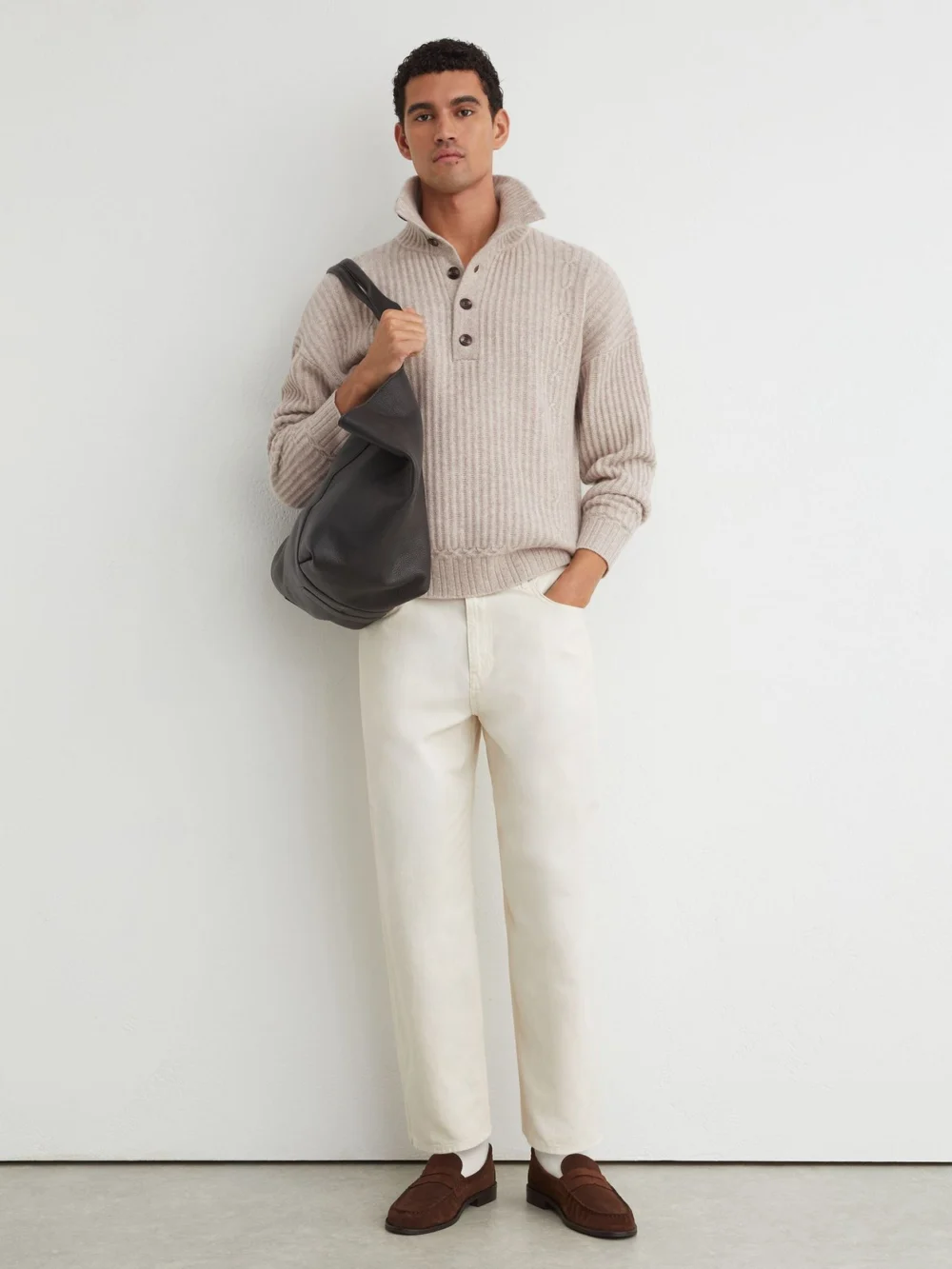 Reiss Oatmeal Cashmere Rib-knit Half-button Jumper, view 3