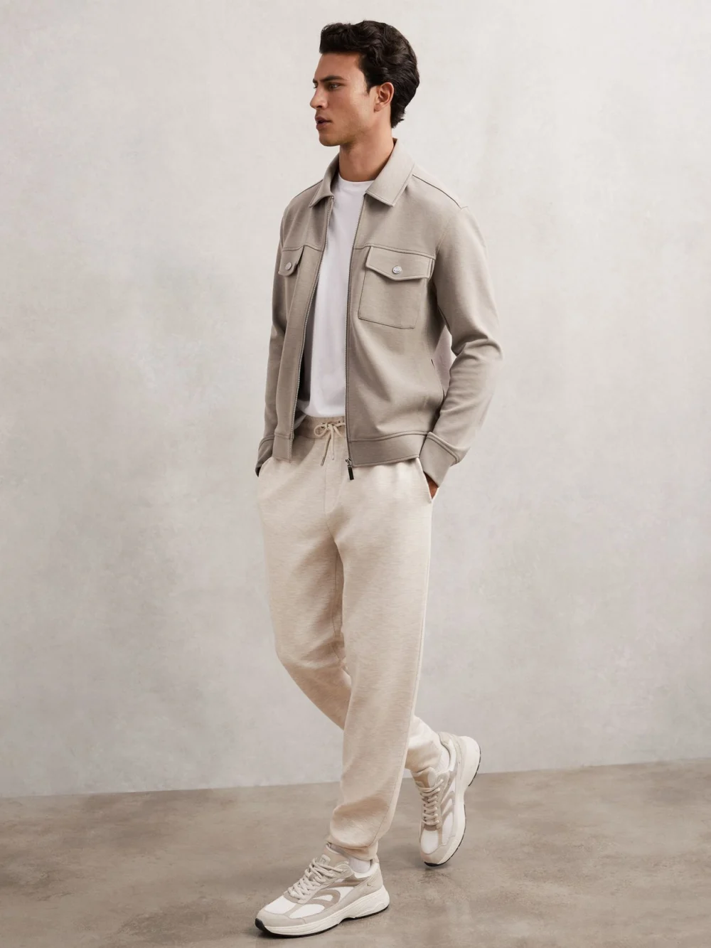 Reiss Oatmeal Jersey Drawstring Cuffed Joggers, view 3