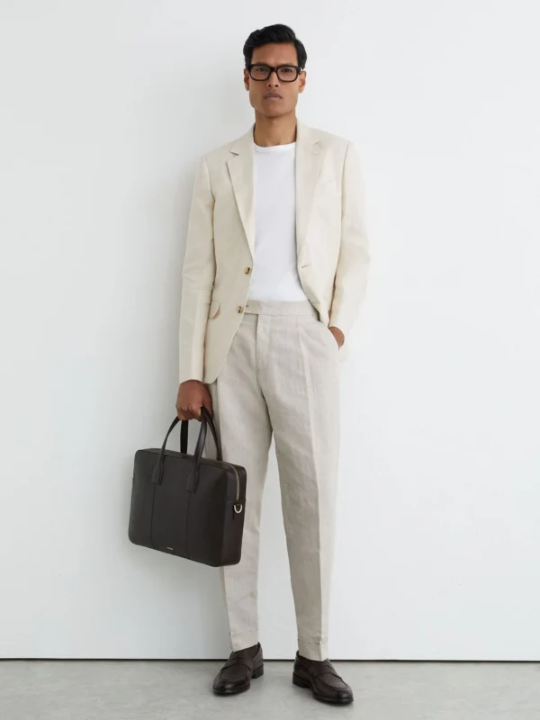 Reiss Oatmeal Linen-cotton Check Tapered Trousers