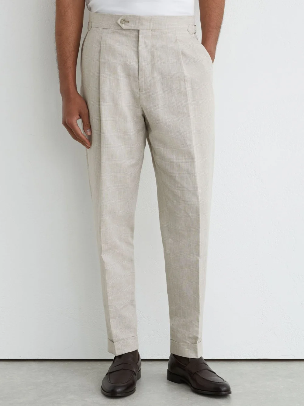 Reiss Oatmeal Linen-cotton Check Tapered Trousers, view 3