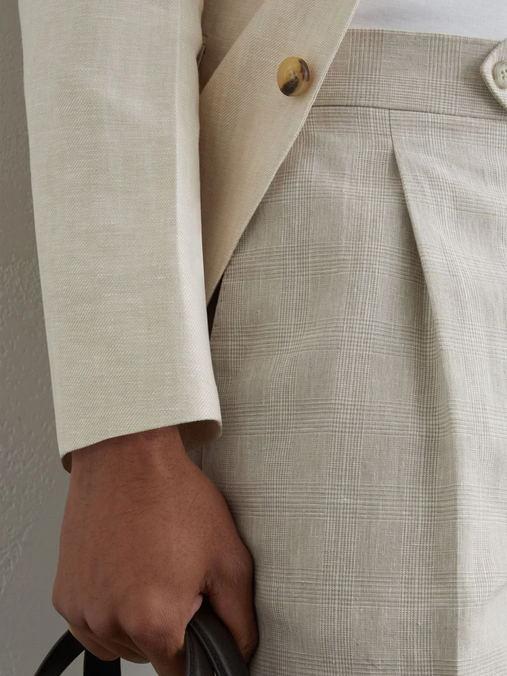 Reiss Oatmeal Linen-cotton Check Tapered Trousers, view 4