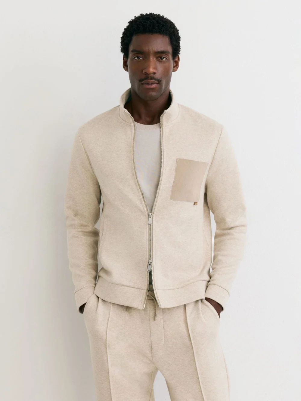 Reiss Oatmeal Melange Gray Herringbone Patch-pocket Zip-through, view 3