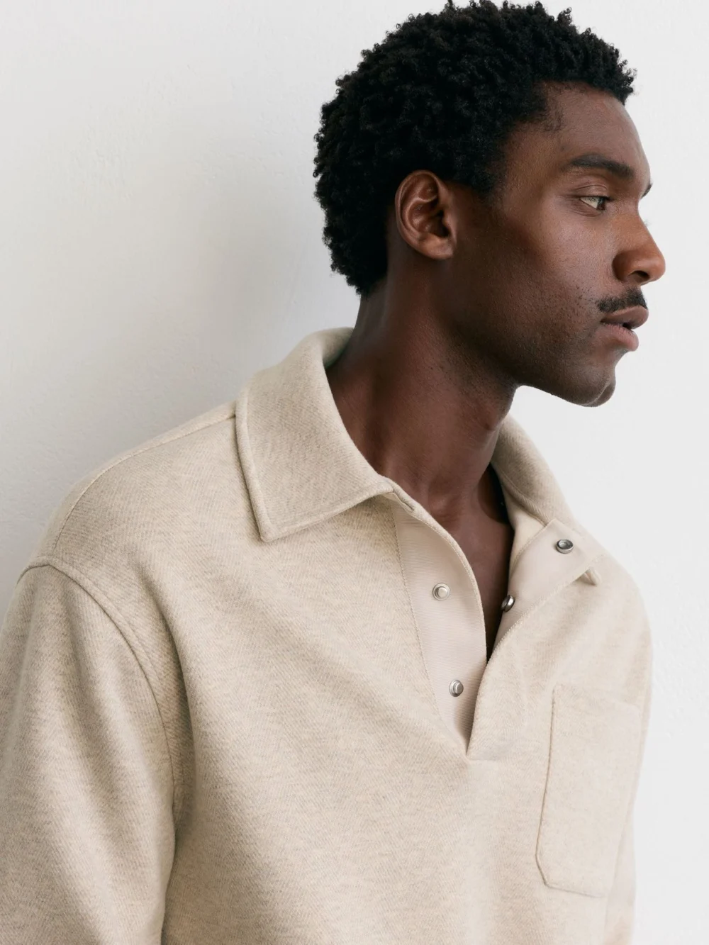 Reiss Oatmeal Melange Herringbone Press-stud Polo Sweatshirt