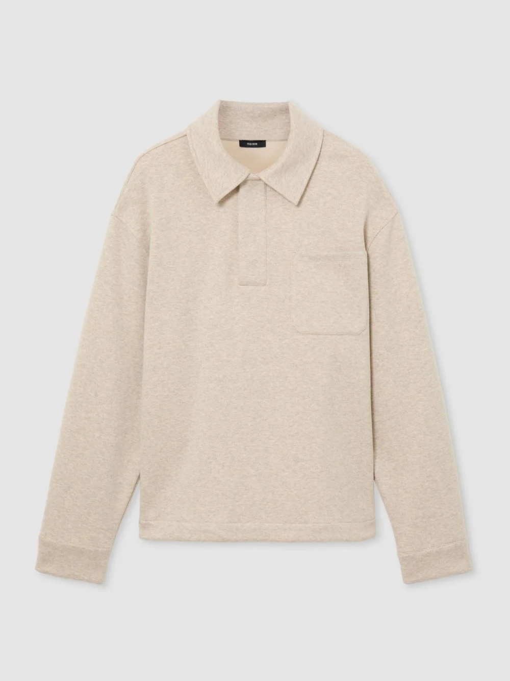 Reiss Oatmeal Melange Herringbone Press-stud Polo Sweatshirt, view 2