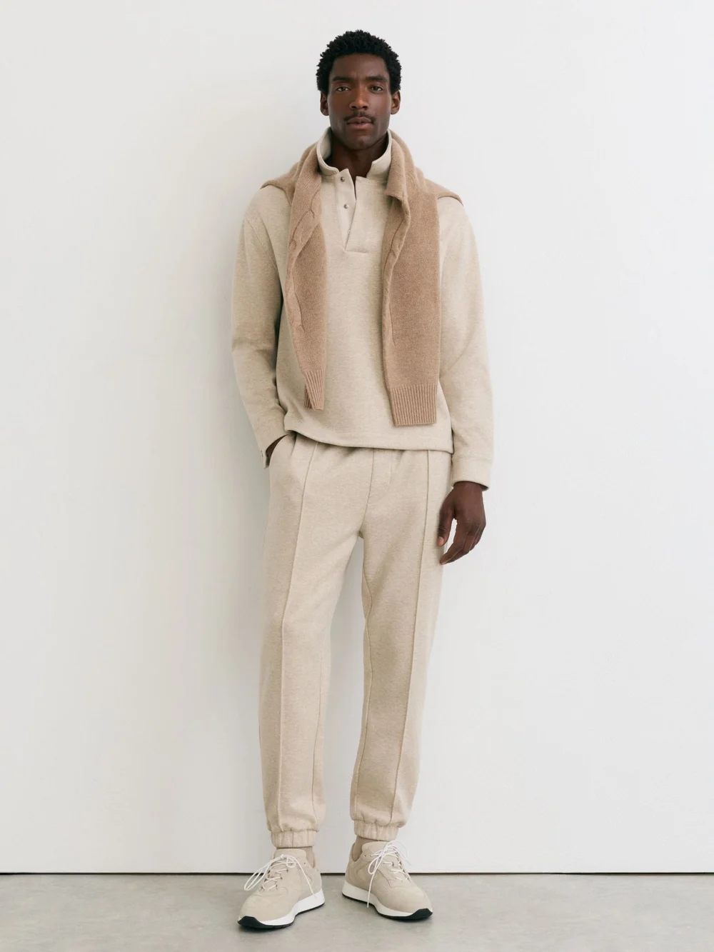 Reiss Oatmeal Melange Herringbone Press-stud Polo Sweatshirt, view 3