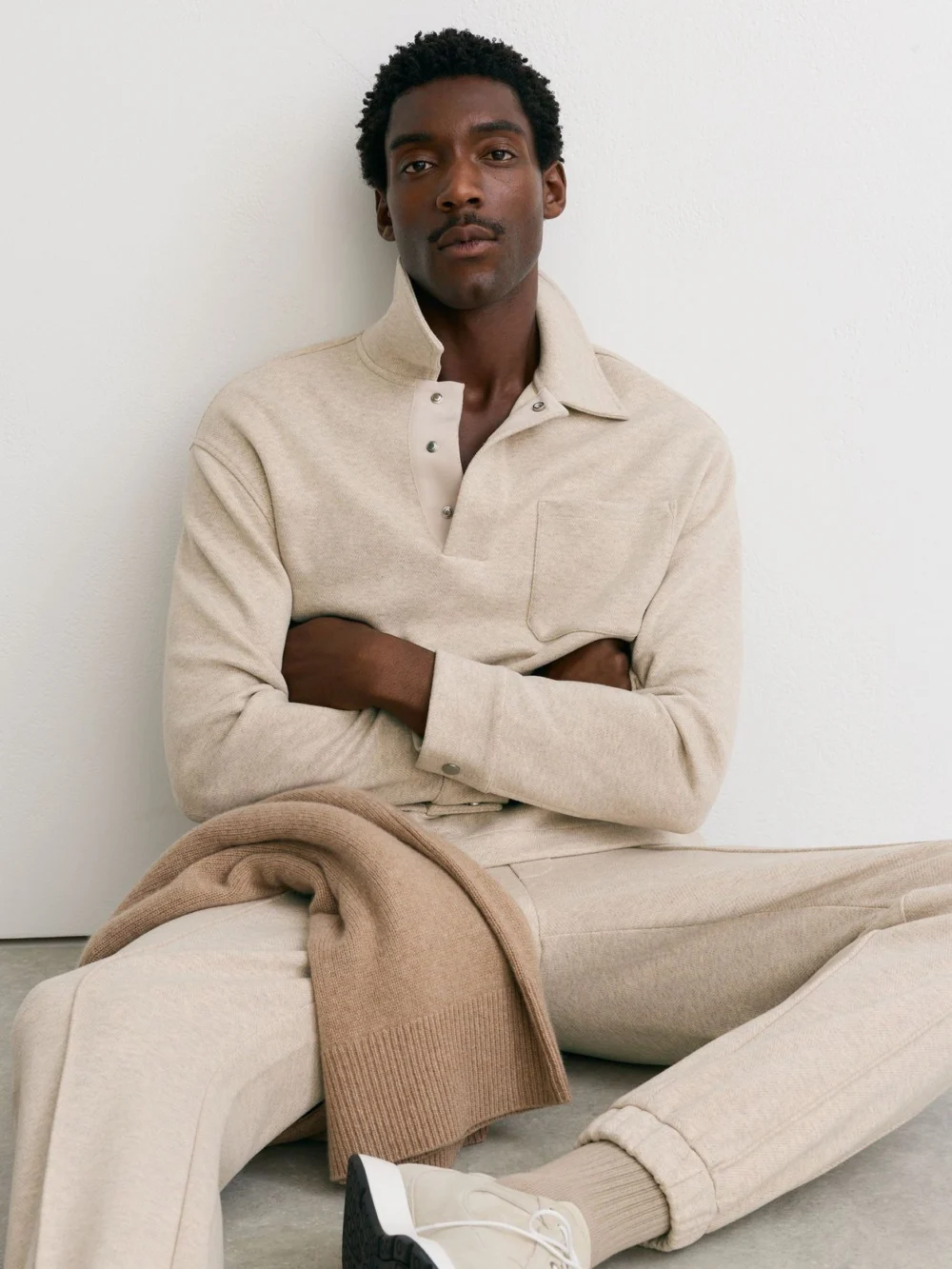 Reiss Oatmeal Melange Herringbone Press-stud Polo Sweatshirt, view 4