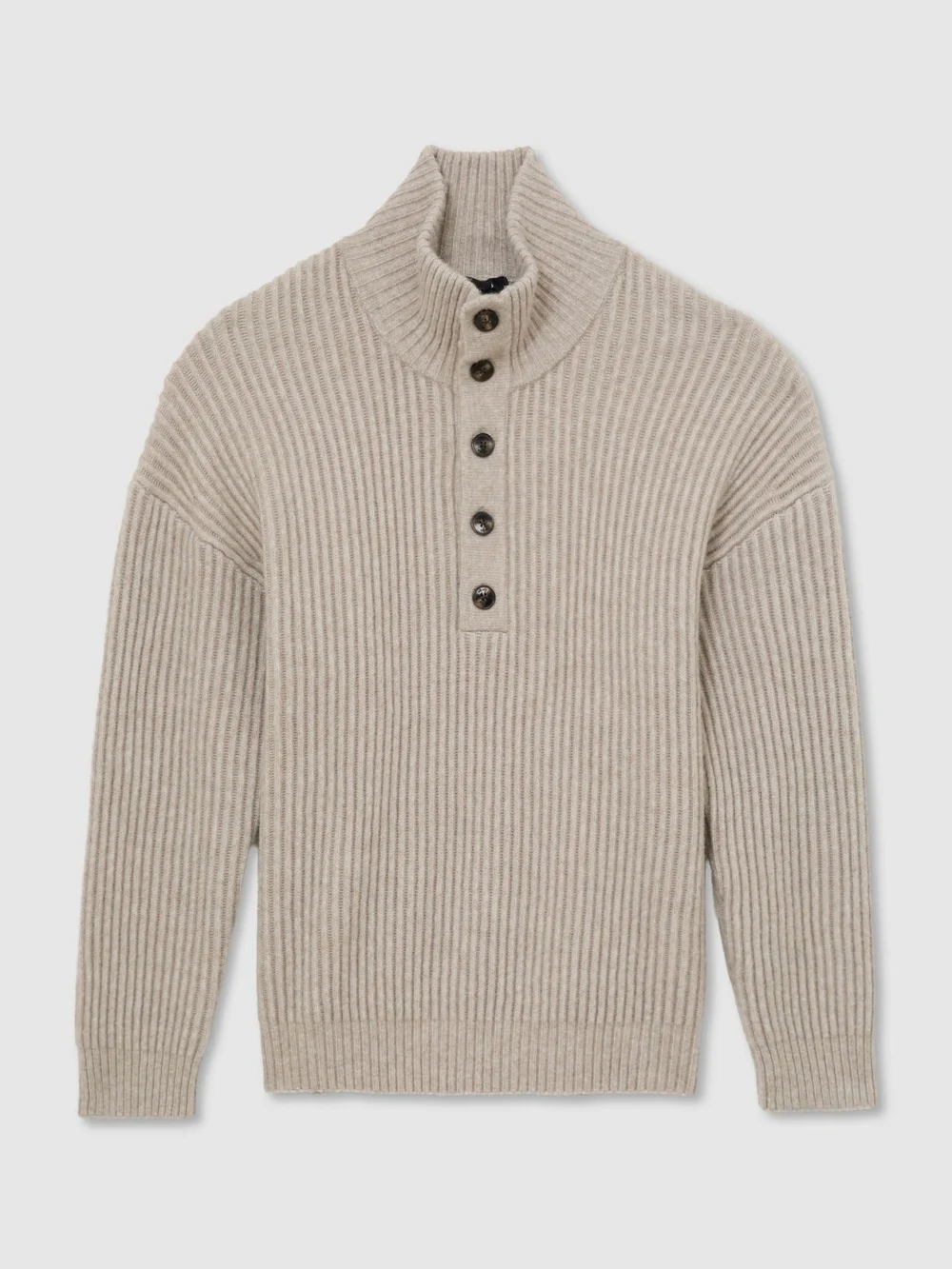 Reiss Oatmeal Melange Rib-knit Funnel-neck Jumper with Wool, view 2
