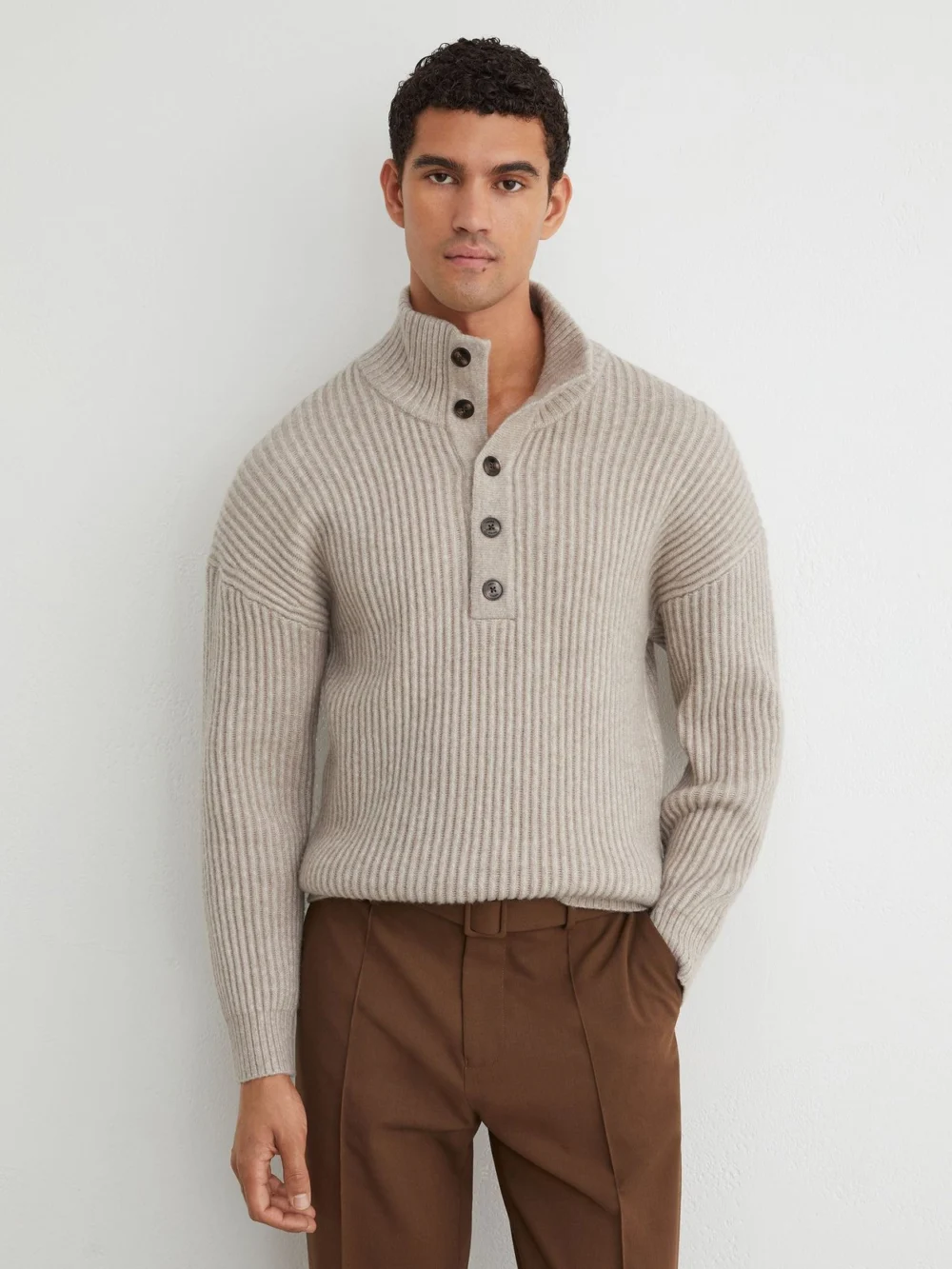 Reiss Oatmeal Melange Rib-knit Funnel-neck Jumper with Wool, view 3