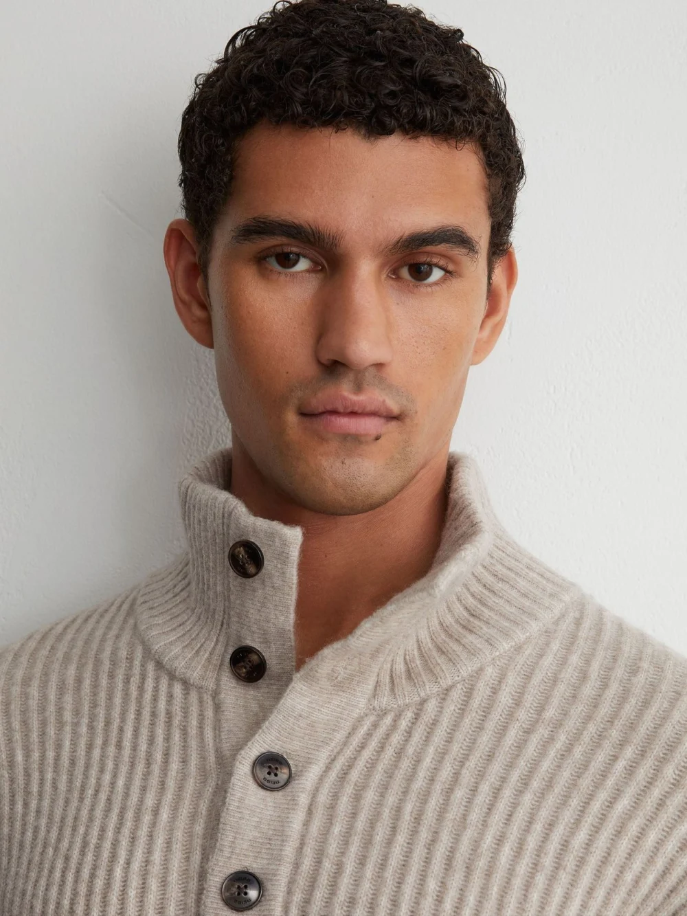 Reiss Oatmeal Melange Rib-knit Funnel-neck Jumper with Wool, view 4