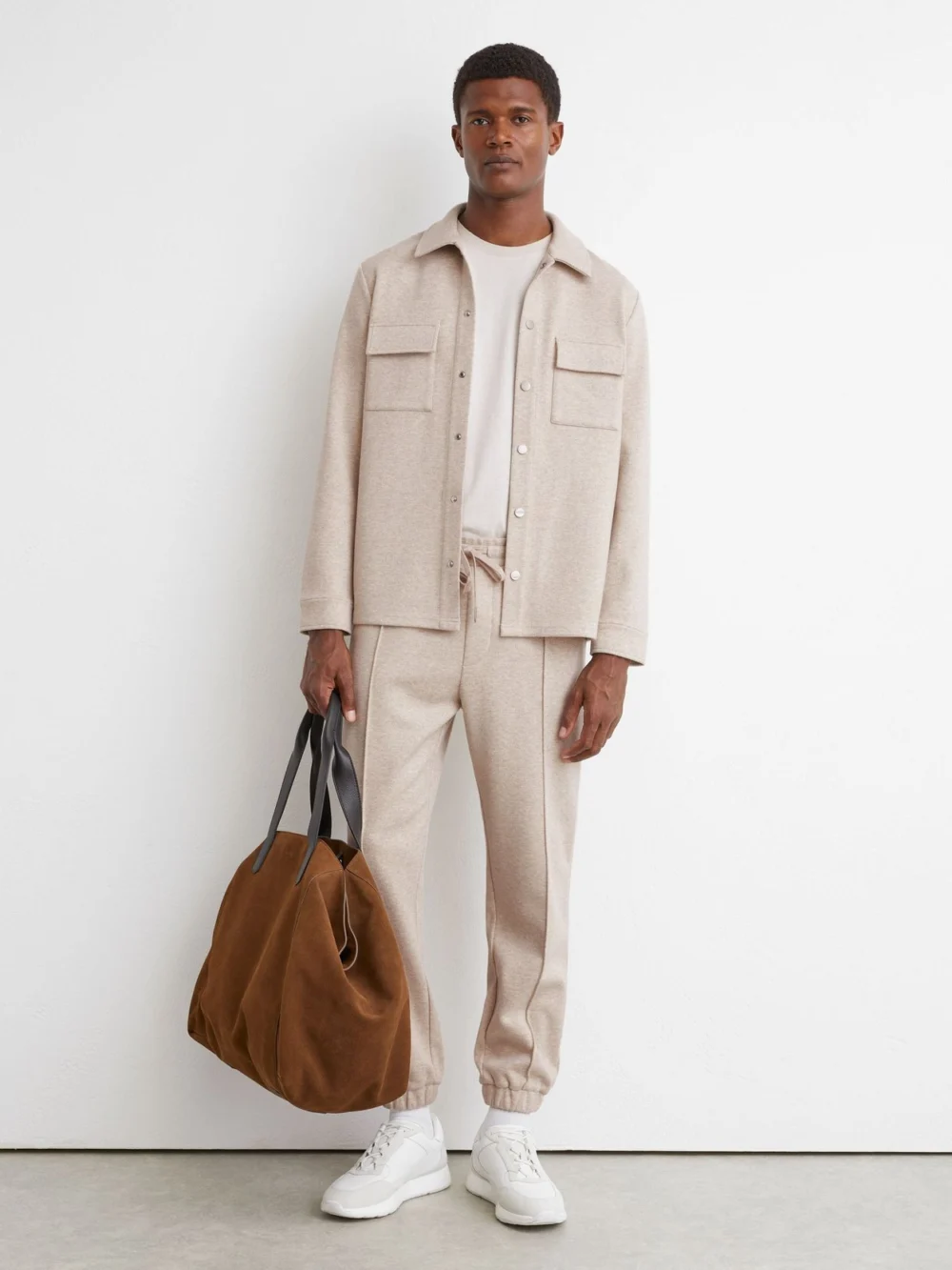 Reiss Oatmeal Melange Trouser Herringbone Cuffed Drawstring Joggers