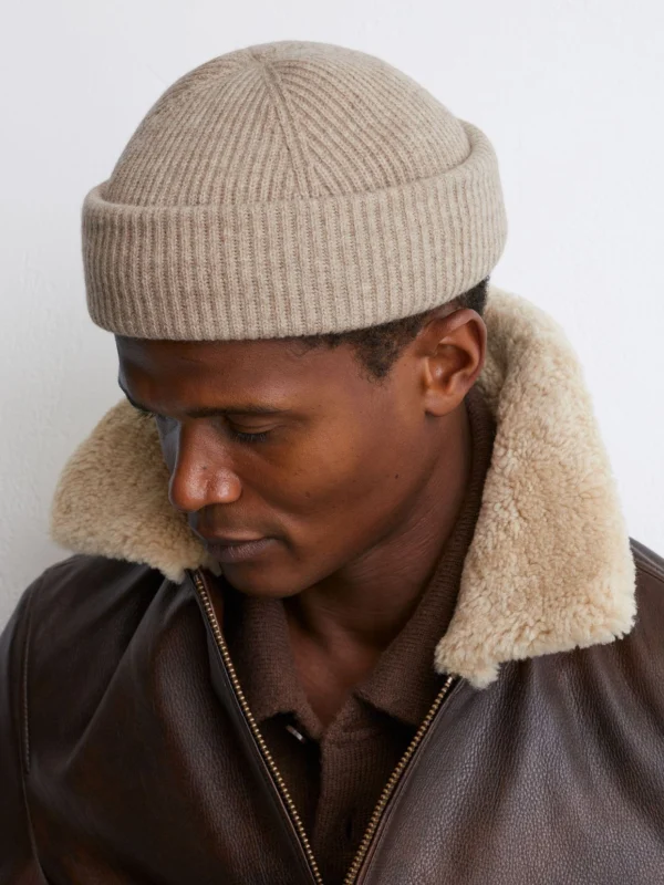 Reiss Oatmeal Merino Wool Rib-knit Beanie,