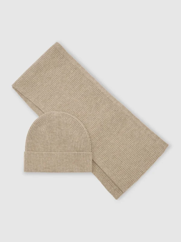 Reiss Oatmeal Merino Wool Rib-knit Scarf and Beanie Set,