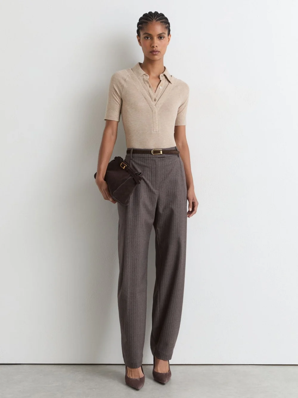 Reiss Oatmeal Neutral Collar-insert Jersey-knit Top with Wool, view 3