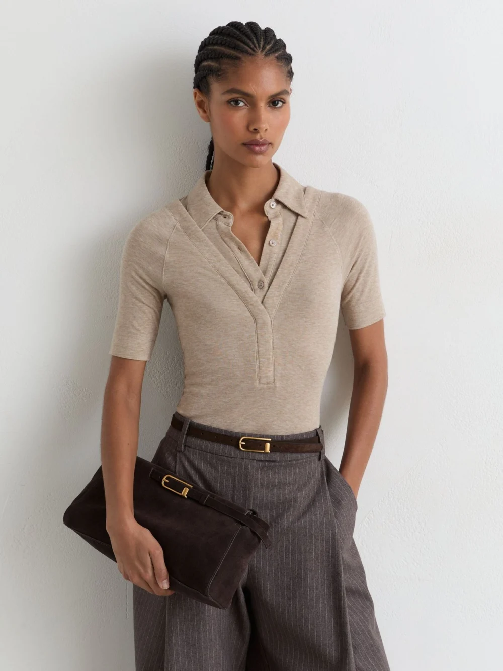 Reiss Oatmeal Neutral Collar-insert Jersey-knit Top with Wool, view 4