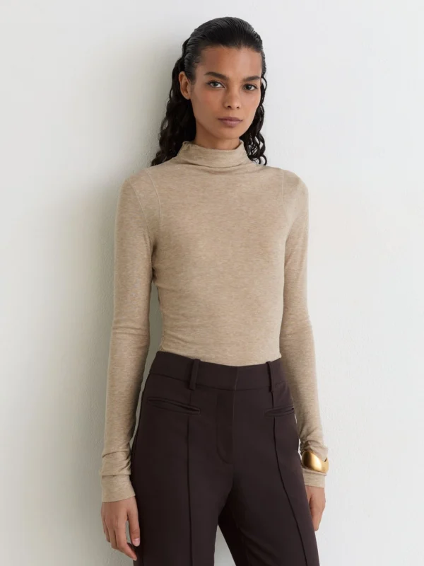 Reiss Oatmeal Neutral Lyocell-wool Ruched Mock-neck Top