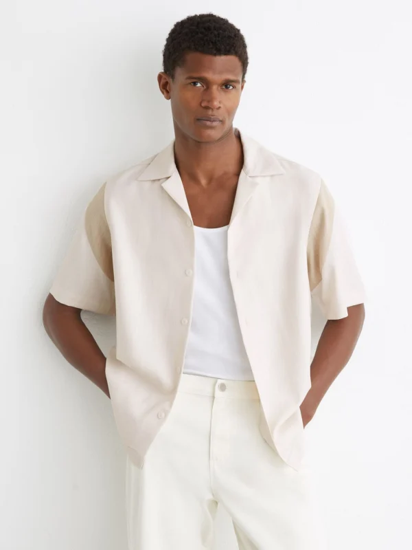 Reiss Oatmeal Sleeve-insert Cuban-collar Shirt