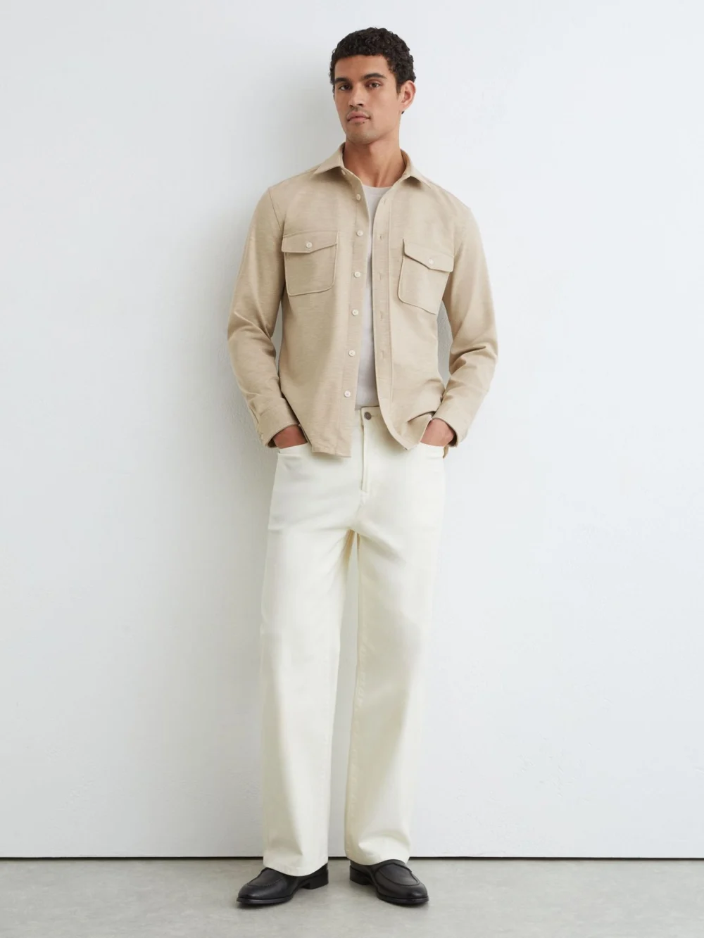 Reiss Oatmeal Twin-pocket Button-through Overshirt, view 3