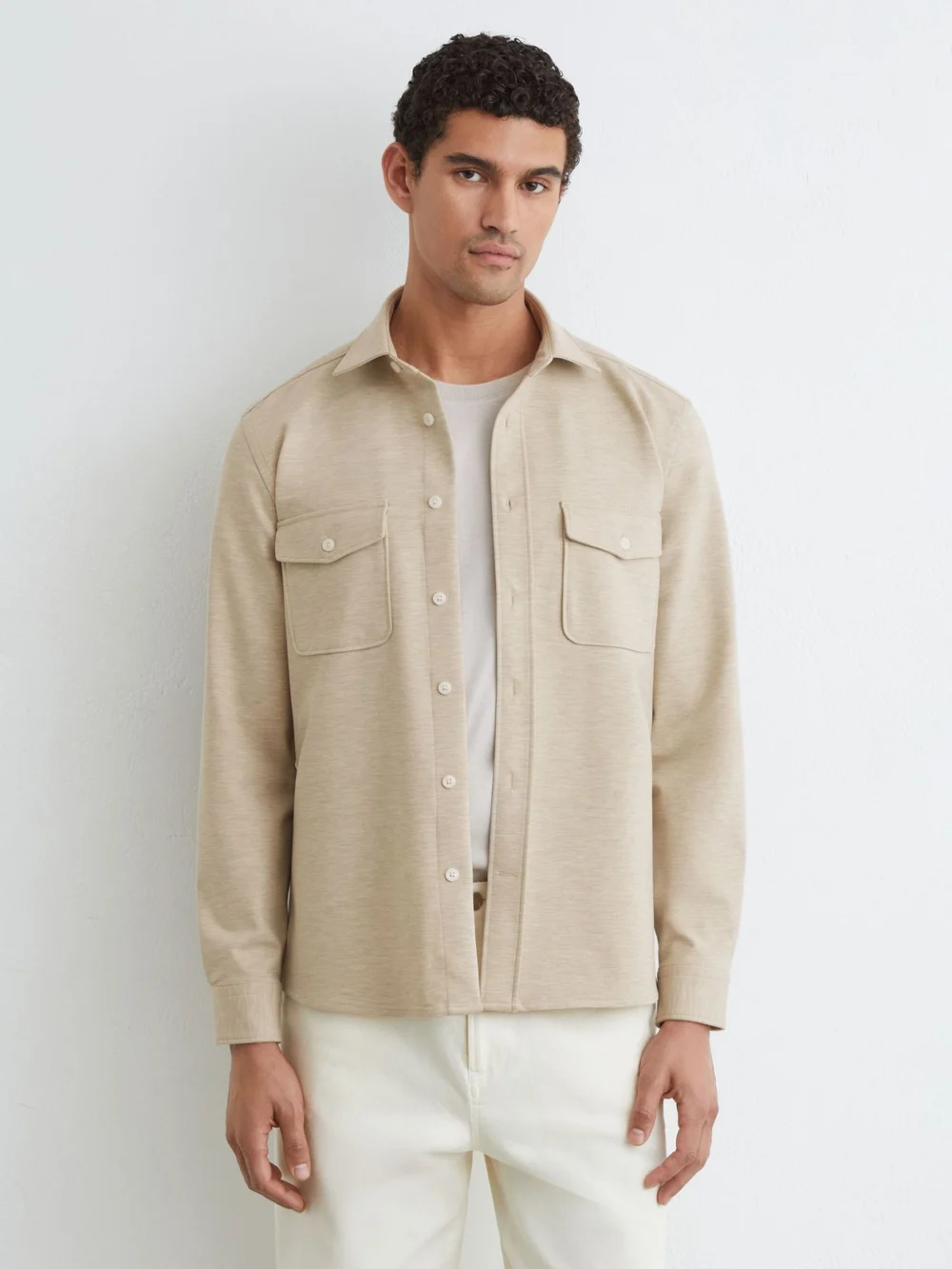 Reiss Oatmeal Twin-pocket Button-through Overshirt, view 4