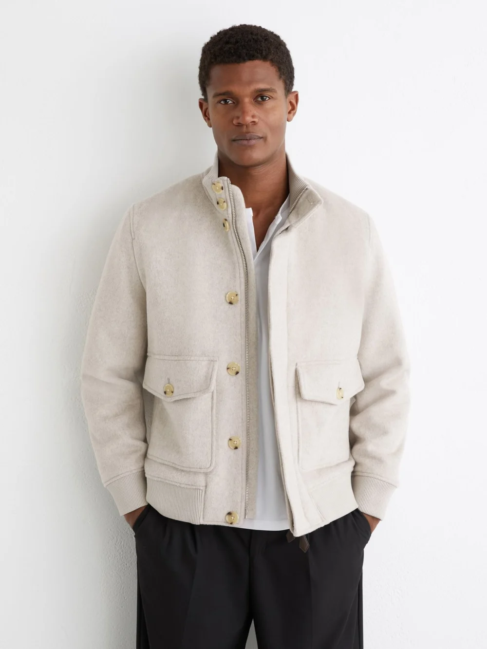 Reiss Oatmeal Wool-blend Funnel-neck Bomber Jacket, view 3