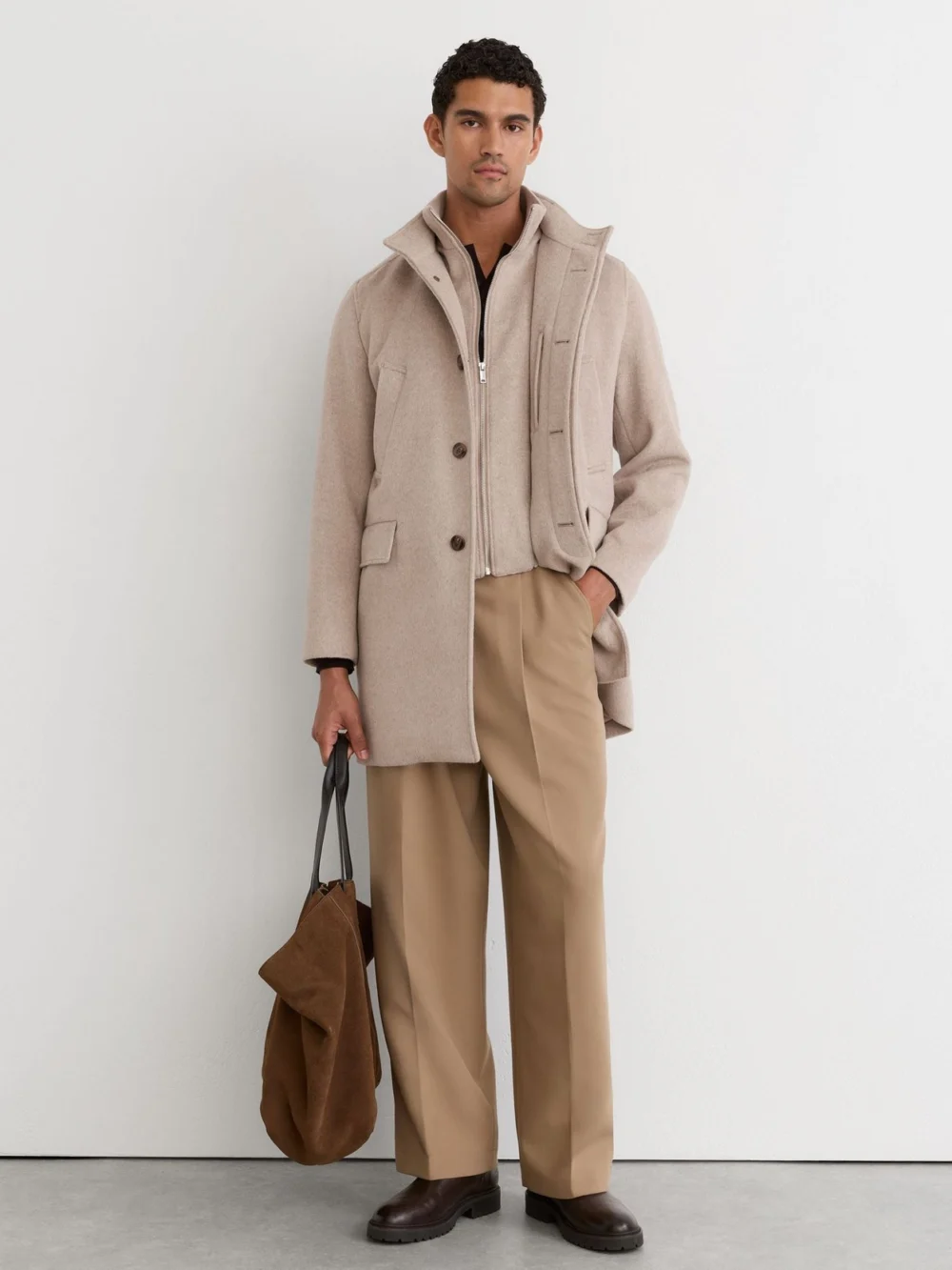 Reiss Oatmeal Wool-blend Gilet-insert Single-breasted Coat