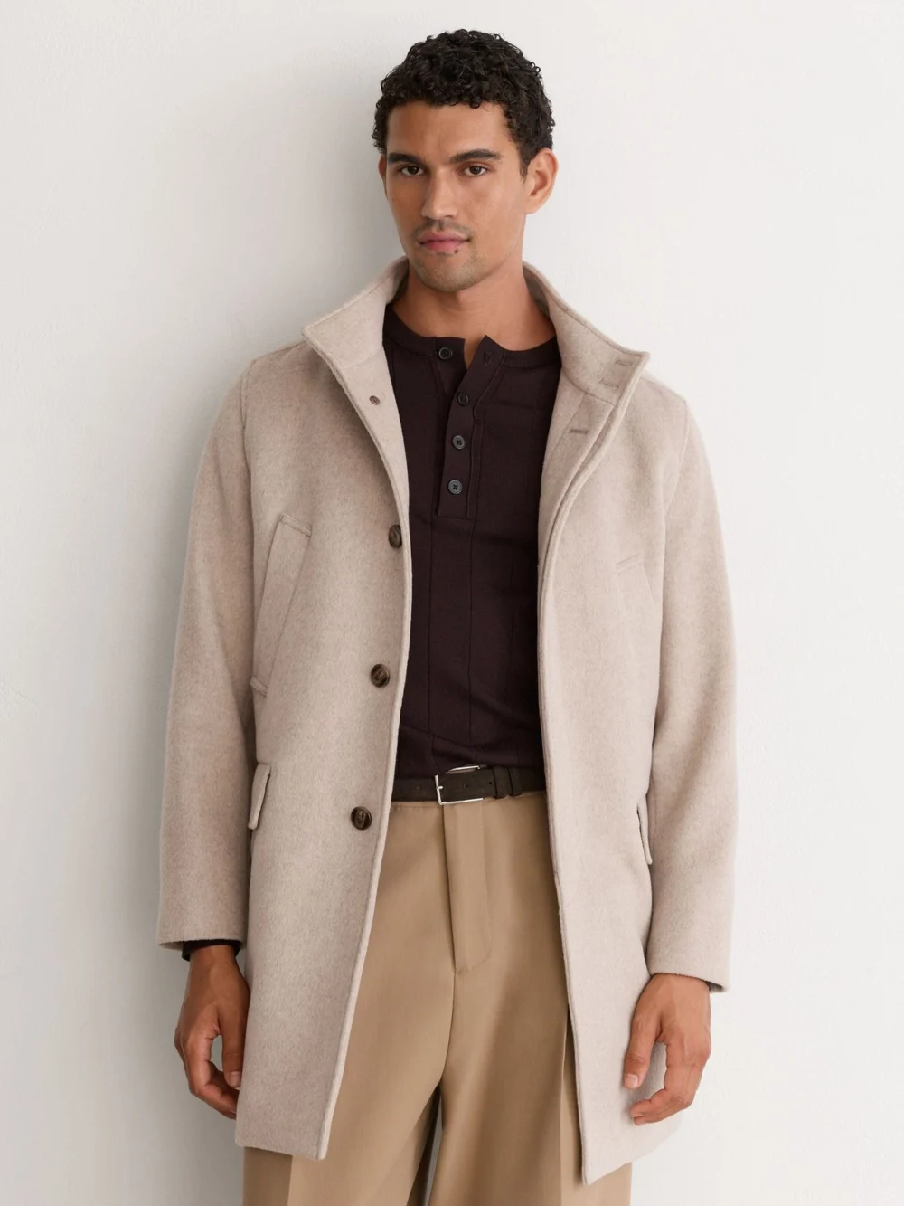 Reiss Oatmeal Wool-blend Gilet-insert Single-breasted Coat, view 4