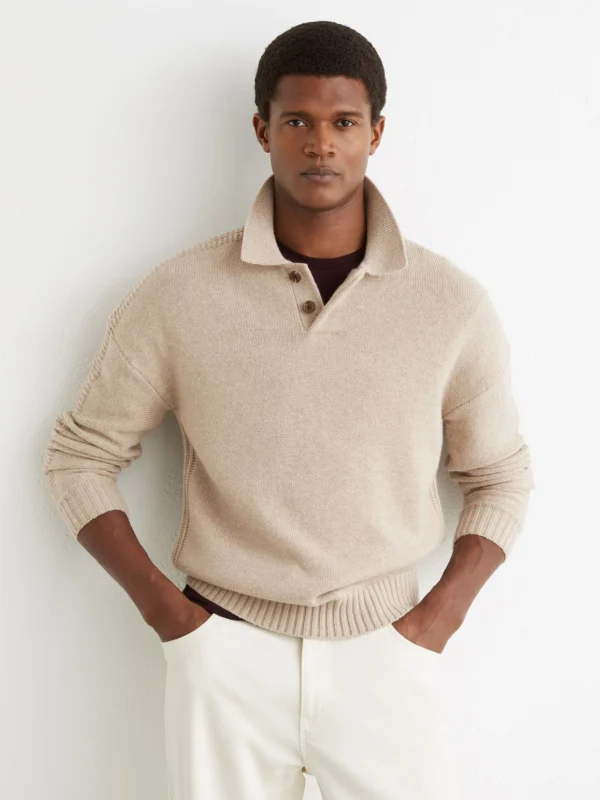 Reiss Oatmeal Wool-blend Half-button Polo Jumper